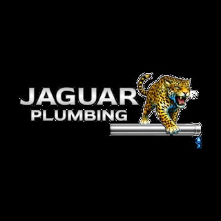 Jaguar Plumbing logo featuring a gold jaguar on a metal pipe with dripping water on black background